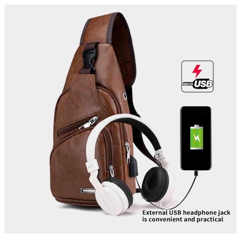 Brown Leather Men's Sling Bag with USB Charging Port